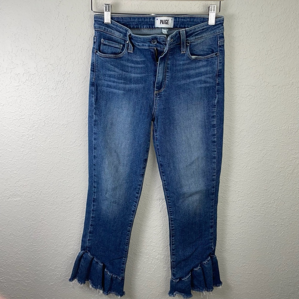 PAIGE Medium Blue Ruffle-Hem Cropped Jeans